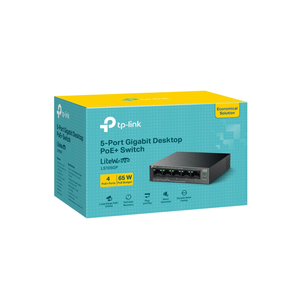 TP-Link LS105GP 5-Port Gigabit Desktop Switch with 4-Port PoE+ | 65W 250M with Extend Mode TP-Link LS105GP 5-Port Gigabit Desktop Switch with 4-Port PoE+ | 65W 250M with Extend Mode